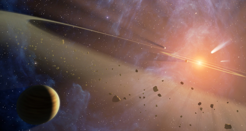 Impresión artística del doble cinturón de asteroides en Epsilon Eridani, fuente NASA JPL.