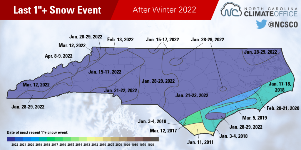 Un mapa del evento de nieve más reciente que trajo al menos 1 pulgada a partes de Carolina del Norte, después del invierno de 2022