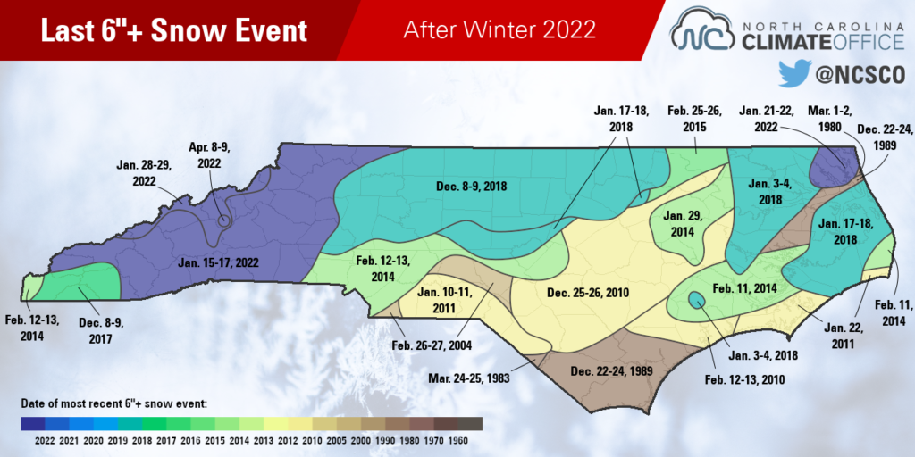 Un mapa del evento de nieve más reciente que trajo al menos 6 pulgadas a partes de Carolina del Norte, después del invierno de 2022