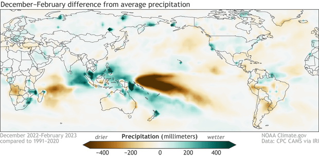 Mapa que muestra los patrones de precipitación global en el invierno de 2022-23