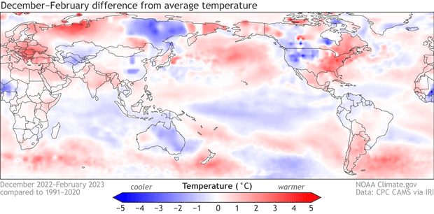 mapa que muestra los patrones de temperatura global en el invierno de 2022-23